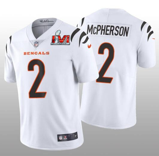 Men's Cincinnati Bengals #2 Evan McPherson 2022 White Super Bowl LVI Vapor Limited Stitched Jersey Men's Cincinnati Bengals #2 Evan McPherson 2022 White Super Bowl LVI Vapor Limited Stitched Jersey